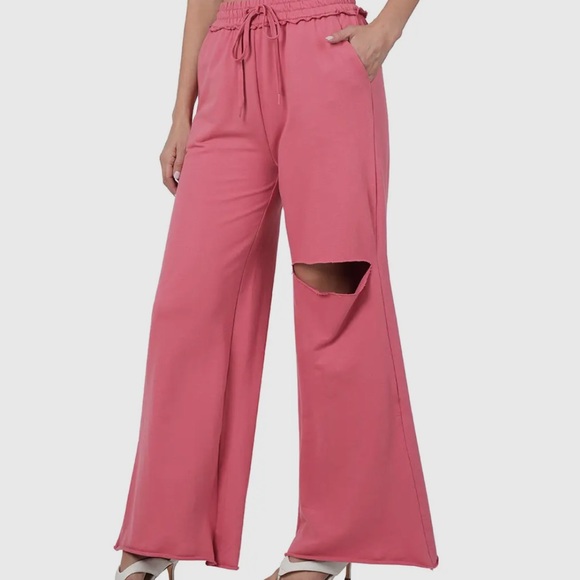 27 French Terry 100% cotton wide Leg Pants with side Pockets - Picture 3 of 3